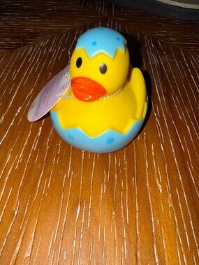 Yellow Rubber Duck Toy With Blue Polka Dot Eggshell Design Cute Bath Time Fun